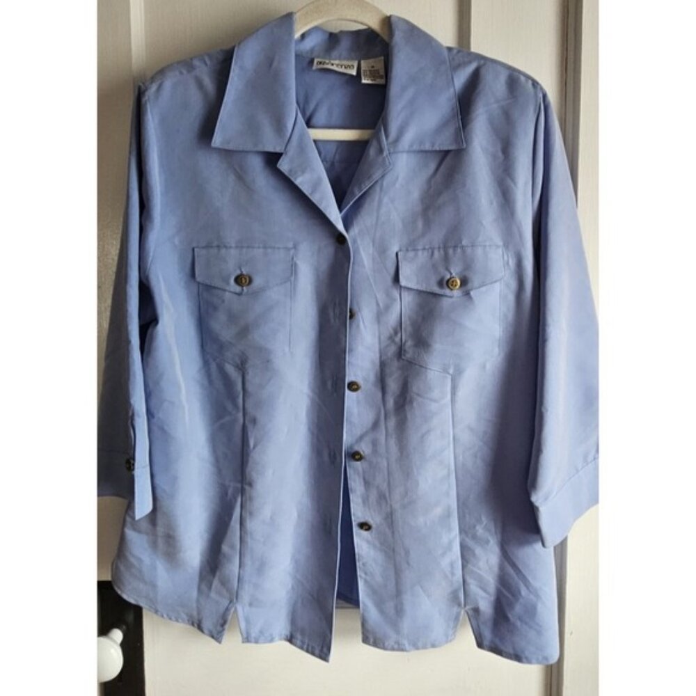 Apparenza women Sz M 3/4 sleeve blue collared button blouse Polynosic blend